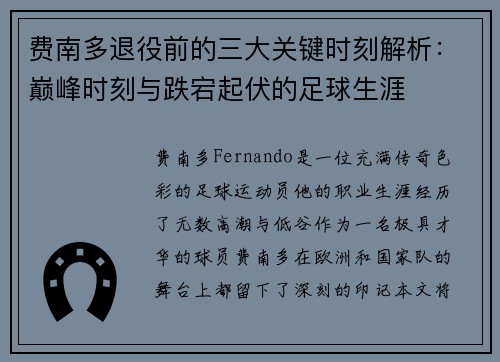 费南多退役前的三大关键时刻解析：巅峰时刻与跌宕起伏的足球生涯