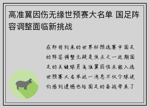 高准翼因伤无缘世预赛大名单 国足阵容调整面临新挑战